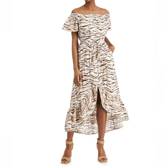 INC International Concepts | Midi tiger-print dress off the shoulder | XS NWOT - Picture 1 of 11